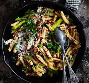 Casarecce pasta with asparagus, chilli, garlic and pancetta.