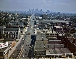 M-1 (Michigan highway), Looking south down Woodward Avenue from the Maccabees Building with the Detroit skyline in the distance, July 1942. The Edwin S. George Building is on the left, about ⅔ of the way up.