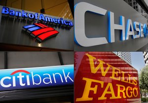 FILE - This file photo combination shows bank branches of, clockwise from top left, Bank of America, Chase, Wells Fargo, and Citibank.