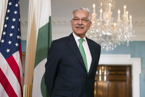 Pakistani Foreign Minister Khawaja Asif during a meeting with Secretary of State Rex Tillerson at the State Department in Washington, Wednesday, Oct. 4, 2017.