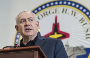 HAIFA, Israel (July 3, 2017) Israeli Prime Minister Benjamin Netanyahu addresses the crew and international press during a visit to the aircraft carrier USS George H.W. Bush (CVN 77)