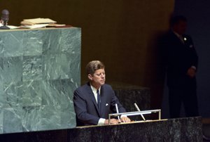 File - The President of the United States, John F. Kennedy, paid an official visit to United Nations Headquarters today and addressed the delegates to the eighteenth session of the General Assembly, 20 September 1963.