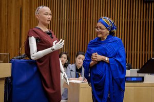 Deputy Secretary-General Amina Mohammed addressed a joint meeting of the Economic and Social Council (ECOSOC) and the Second Committee (Economic and Financial) of the General Assembly on the theme, “The future of everything –Sustainable development in the age of rapid technological change”,Ms. Amina (right) is seen interacting with a robot named Sophia during the meeting