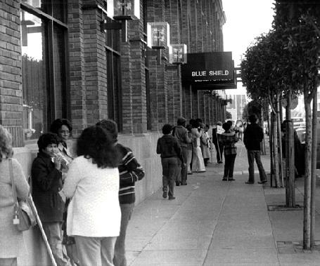 Blue Shield strikers on picket duty, North Point Street