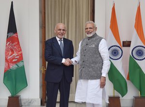 The Prime Minister, Shri Narendra Modi with the President of Afghanistan, Dr. Mohammad Ashraf Ghani, at Hyderabad House, in New Delhi on October 24, 2017