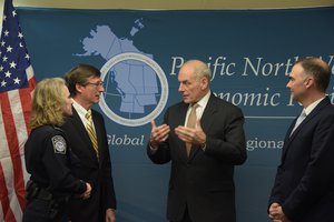 SEATTLE - Secretary of Homeland Security John Kelly along with Matt Morrison, Executive Director and Brandon Hadenbrook, Deputy Director, of the Pacific North West Economic Region, U.S. Customs and Border Protection Michele James, Director of Field Operations-Seattle, and Michael Freeman, Deputy Director of Border Patrol Security-Seattle, meet to discuss the Departments relationships with Federal, State, local and tribal agencies, along with their Canadian counterparts to ensure border security, 31 March 2017.