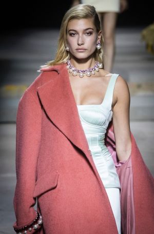 Model Hailey Baldwin wears a creation by Topshop at its London Fashion Week show.