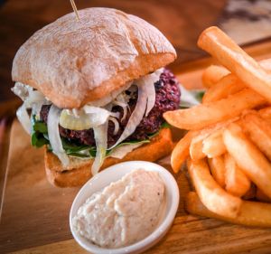 Lentil walnut beetroot burger.