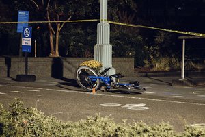 A bicycle lays on a bike path at the crime scene where a motorist earlier Tuesday drove onto the path near the World Trade Center memorial, striking and killing several people,  Wednesday, Nov. 1, 2017, in New York.