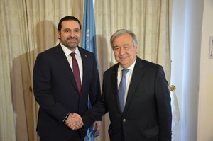 Secretary-General Antonio Guterres (right) meets with Saad Hariri, Prime Minister of Lebanon, in Brussels, Belgium