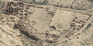 File - Aerial view of the ancient Anasazi settlement of Pueblo Bonito in Chaco Canyon, New Mexico.