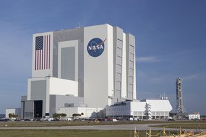 The Vehicle Assembly Building, Launch Control Center and Mobile Launcher are in this view of the Launch Complex 39 area at NASA's Kennedy Space Center in Florida