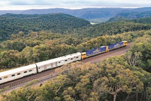 The Indian Pacific travelling through the Blue Mountains.