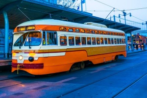 A street tram in downtown San Francisco. 