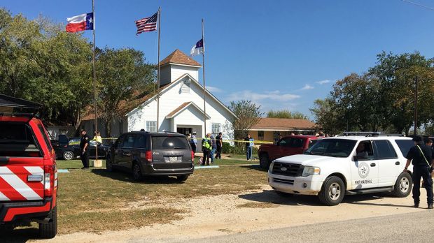 Emergency personnel respond to a fatal shooting at a Baptist church in Sutherland Springs, Texas.