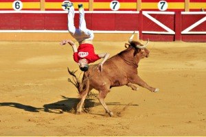 While in Spain, I was lucky to catch a "recortes" (bull leaping) competition.  The recortadores compete at dodging and ...