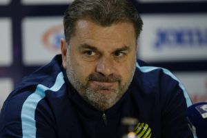 Australia coach Ange Postecoglou gives a press conference at the Olympic Stadium in San Pedro Sula, Honduras, Thursday, ...