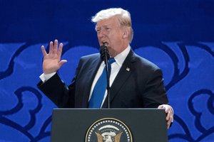 U.S. President Donald Trump speaks at the Asia-Pacific Economic Cooperation (APEC) CEO Summit at the Aryana Convention Center in Danang, Vietnam, Friday, Nov. 10, 2017