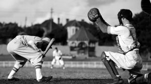 Action from a baseball match between Goodyear and Lustre Hoisery at Petersham Oval on 30 August 1937. SUN SPORT Picture ...