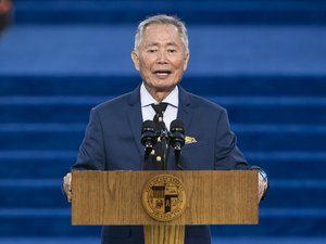 Los Angeles Boyle Heights native actor Geroge Takei introduces Los Angeles Mayor Eric Garcetti before being sworn in for his second term along with other city officials who have been re-elected this year at Los Angeles City Hall Saturday, July 1, 2017.