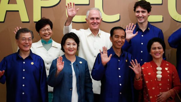 Australian Prime Minister Malcolm Turnbull poses with the leaders of Canada, South Korea, Indonesia and Hong Kong during ...