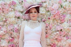 Priscilla Presley arrives at the Kennedy Marquee in the Birdcage during the Kennedy Oaks Day.