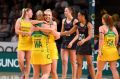 The Diamonds celebrate their win over the Silver Ferns in Adelaide.