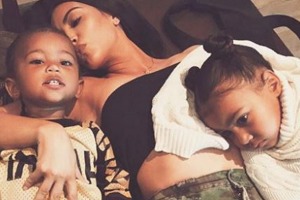 Kim Kardashian with her two children Saint and North.