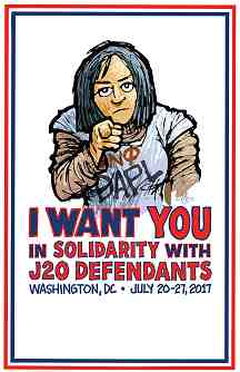 poster image with DAPL water defender: "I want you in solidarity with J20 defendants"