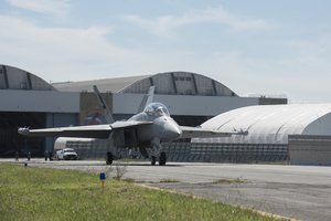 PATUXENT RIVER, Md. (Sept. 12, 2016) An EA-18G Growler, assigned to the Salty Dogs of Air Test and Evaluation Squadron (VX) 23, taxies to the runway before a test flight using 100 percent alternative jet fuel with Secretary of the Navy Ray Mabus as a passenger