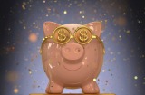 Piggy bank on gold bullion, computer illustration. pig winners. generic.