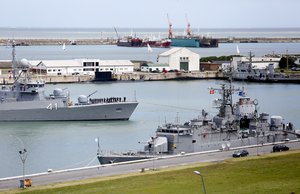 Comandante Espora Argentine ship sails off the navel base in Mar del Plata, Argentina, Saturday, Nov. 18, 2017. This ship is is part of a searching crew to find a submarine that hadn't been heard from in three days.