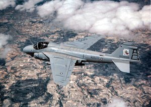 A U.S. Navy Grumman A-6E Intruder aircraft (BuNo 160998) from attack squadron VA-34 Blue Blasters, Carrier Air Wing 7 (CVW-7), navigates over the Spanish countryside during a low level training mission in support of Exercise MATADOR, a combined/joint US and Spanish exercise.