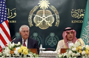 Secretary of State Rex Tillerson listens during a press availability with Saudi Foreign Minister Adel Ahmed Al-Jubeir, Sunday, Oct. 22, 2017, in Riyadh, Saudi Arabia.