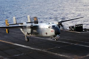 The PACIFIC OCEAN (September 15, 2007) – A C-2A Greyhound, assigned to the “Providers” of Carrier Logistic Support Squadron (VRC) 30, lands on the flight deck aboard the nuclear-powered aircraft carrier USS Nimitz (CVN 68)