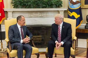 File - President Donald Trump speaks with Russian Foreign Minister Sergey Lavrov in the Oval Office, Wednesday, May 10, 2017, at the White House in Washington, D.C.