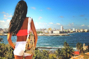 View of Havana and Malecon from the other side of the channel.