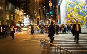 NYPD officers directing traffic at the edge of the protest against the election of Donald Trump on November 10, 2016, in front of Trump Tower on 5th Avenue in Manhattan