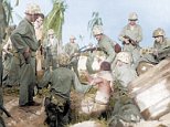 A captured Japanese soldier is surrounded by American troops in full uniform and brandishing their rifles. The amazing colourised photos show the lengths which US soldiers went to during America's attempts to capture several Pacific Islands from the Japanese during the Second World War