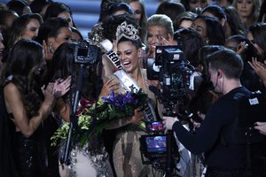 Miss South Africa Demi-Leigh Nel-Peters cries after she was announced as the new Miss Universe at the Miss Universe pageant Sunday, Nov. 26, 2017, in Las Vegas.