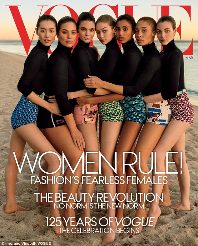 Women rule! Vogue's March issue declares 'No norm is the new norm' and features seven unique models (L-R) Liu Wen, Ashley Graham, Kendall Jenner, Gigi Hadid, Imaan Hammam, Adwoa Aboah and Vittoria Ceretti,