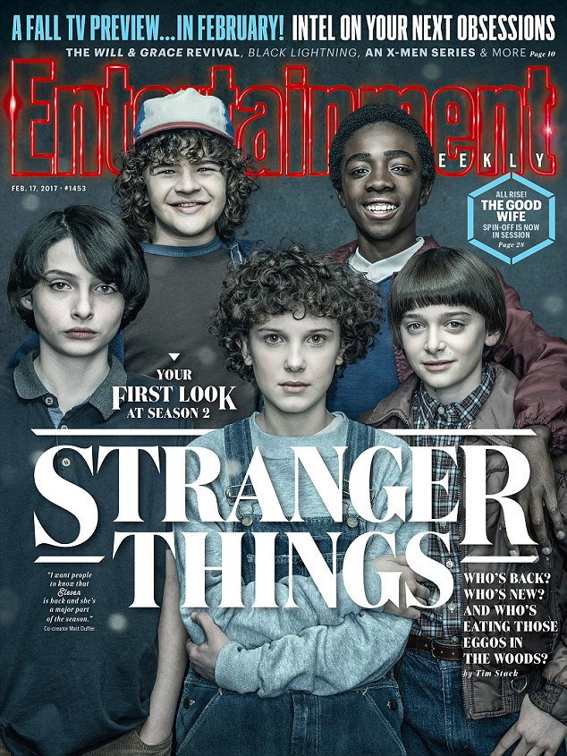 Highly-anticipated: The 12-year-old actress was flanked by (pictured from left to right): Finn Wolfhard, Gaten Matarazzo, Caleb McLaughlin and Noah Shnapp for the front