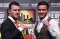 WBO welterweight champion Jeff Horn (left) and English challenger Gary Corcoran face-off in Brisbane.