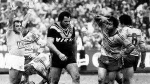 Cut from a different Sloth: Manly's Max Krilich gives Bruce Gibbs a gobful as the Wests prop is sent off at Brookvale ...