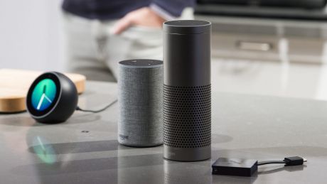 The new Amazon Echo Spot, from left, Echo, Echo Plus, and Fire TV devices sit on display during the company's product ...