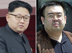 FILE - This combination of file photos shows North Korean leader Kim Jong Un, left, on May 10, 2016, in Pyongyang, North Korea, and Kim Jong Nam, right, exiled half brother of Kim Jong Un, in Narita, Japan, on May 4, 2001.