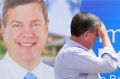 Queensland Opposition Leader Tim Nicholls walks past one of his signs on the last day of the campaign.