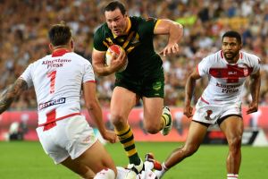 Momentum: Boyd Cordner skips out of a tackle to launch himself at the try line before scoring the game's only try.