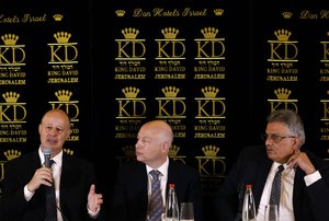 U.S. President Donald Trump's Middle East envoy, Jason Greenblatt, center, Israeli Minister of Regional Cooperation Tzachi Hanegbi, left, and the head of the Palestinian Water Authority, Mazen Ghoneim give a news conference about a water-sharing agreement, in Jerusalem, Thursday, July 13, 2017.