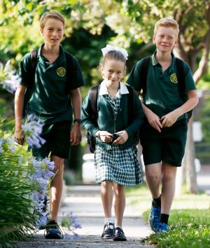 Henry, 11, Annabel, 8, and Tom Feeney, 10, walk to school.